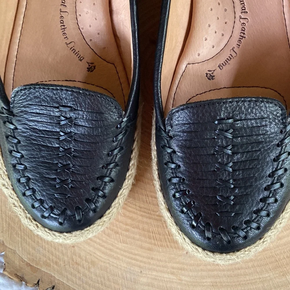 Leather Womens Black Flat Loafers with Jute Trim - Size 6.5